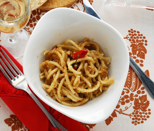Spaghetti with Orange, Olives, Anchovies and Bread Crumbs Photo